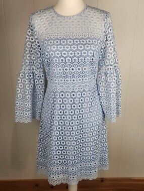 J. Crew Eyelet Lace Midi Dress 4 Blue Lined Knee Mother Of Bride Balloon Sleeve